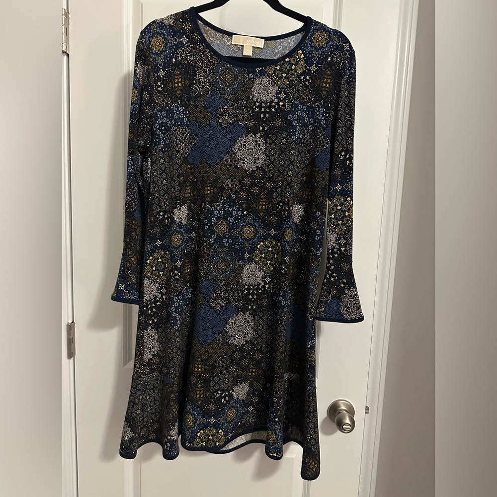 Michael Kors Blue and Gold Patterned Long Sleeve Dress